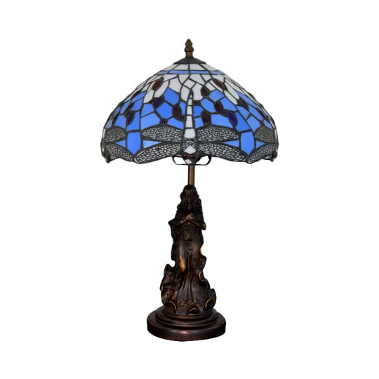 Mediterranean Dragonfly-Flower Table Lamp - Single Blue/Yellow/Blue-White Nightstand Light With