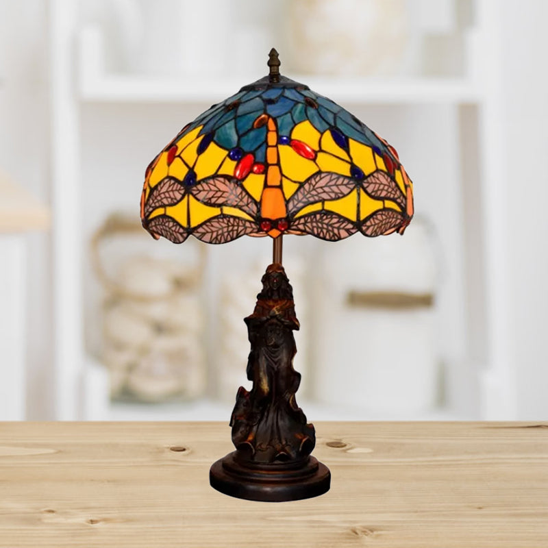 Mediterranean Dragonfly-Flower Table Lamp - Single Blue/Yellow/Blue-White Nightstand Light With