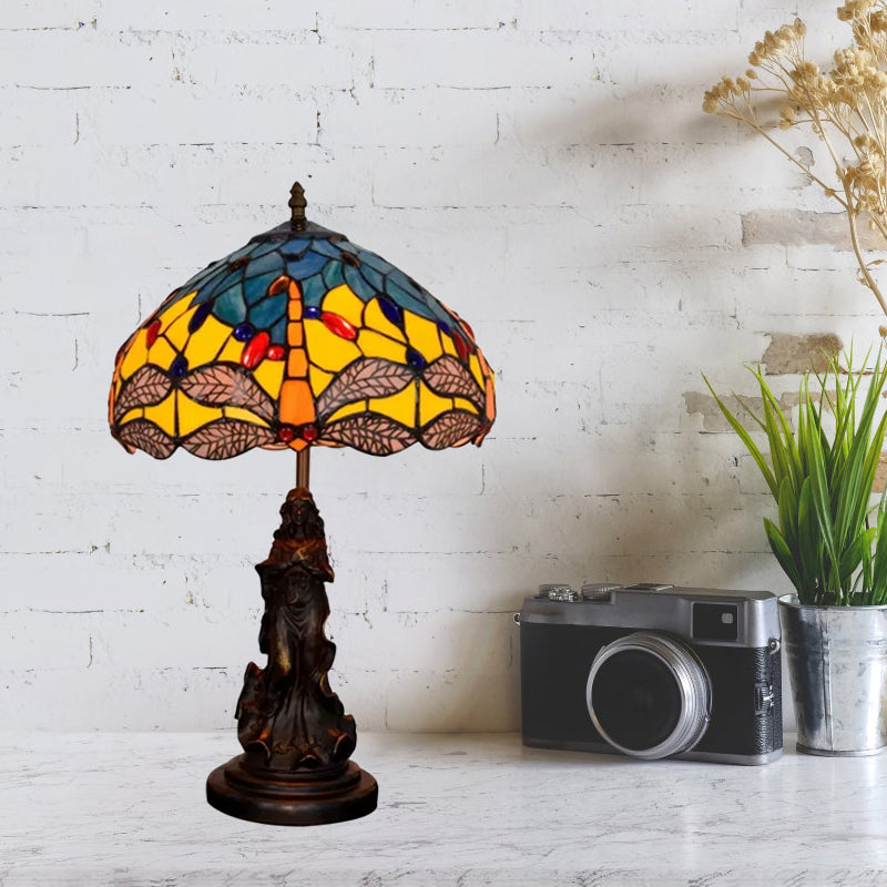 Mediterranean Dragonfly-Flower Table Lamp - Single Blue/Yellow/Blue-White Nightstand Light With