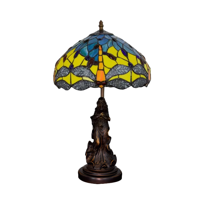 Mediterranean Dragonfly-Flower Table Lamp - Single Blue/Yellow/Blue-White Nightstand Light With