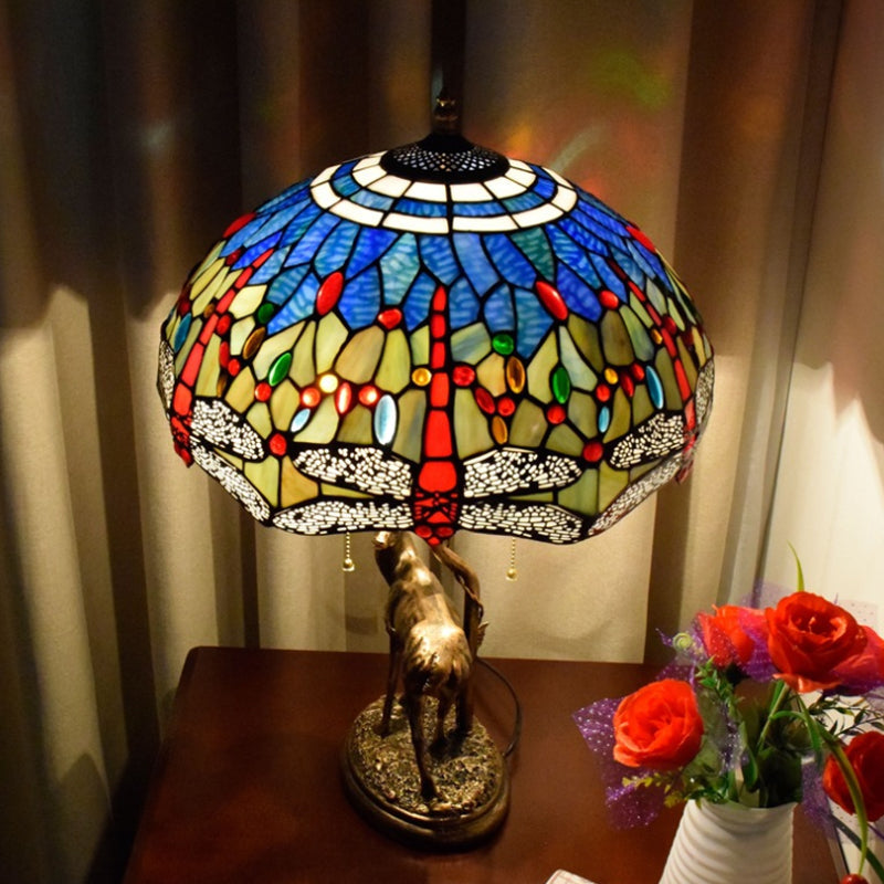 Dragonfly Stained Glass Night Light Mediterranean Style 2-Bulb Table Lamp | Pull Chain & Elk Decor