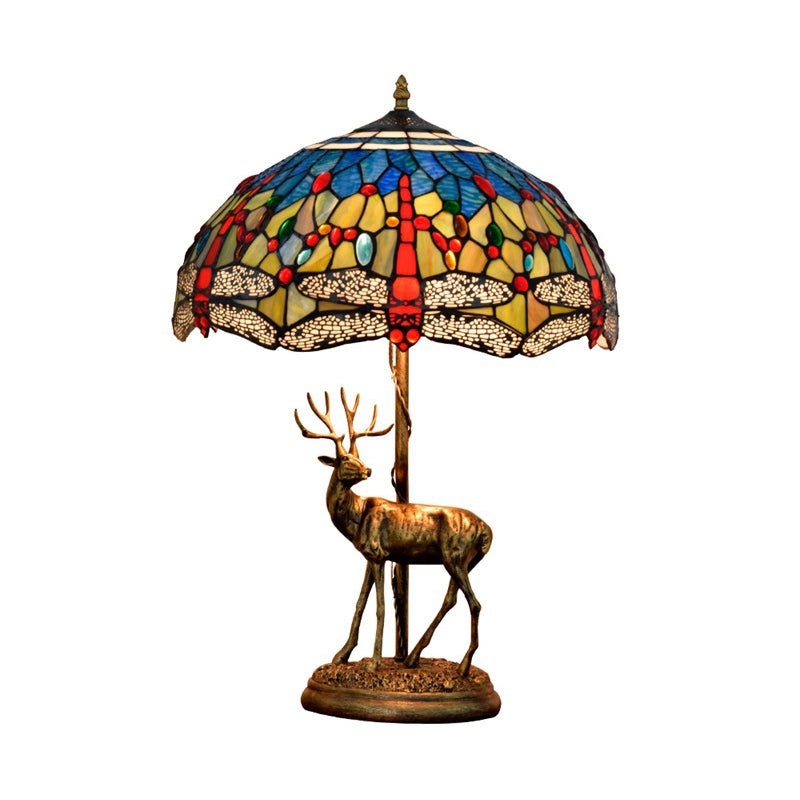 Dragonfly Stained Glass Night Light Mediterranean Style 2-Bulb Table Lamp | Pull Chain & Elk Decor