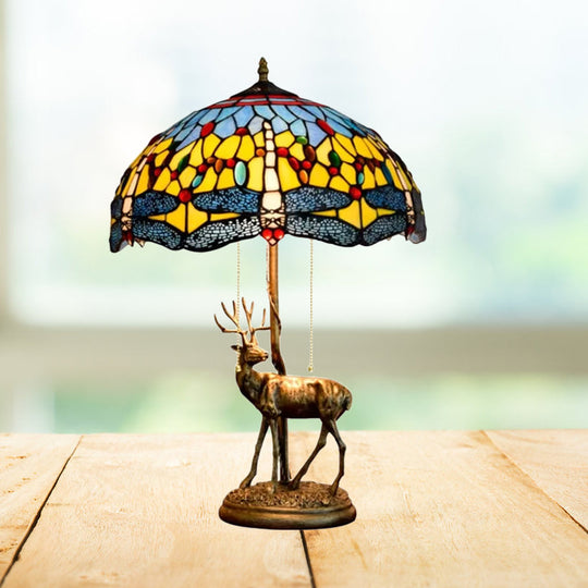 Dragonfly Stained Glass Night Light Mediterranean Style 2-Bulb Table Lamp | Pull Chain & Elk Decor