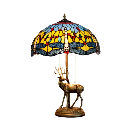 Dragonfly Stained Glass Night Light Mediterranean Style 2-Bulb Table Lamp | Pull Chain & Elk Decor