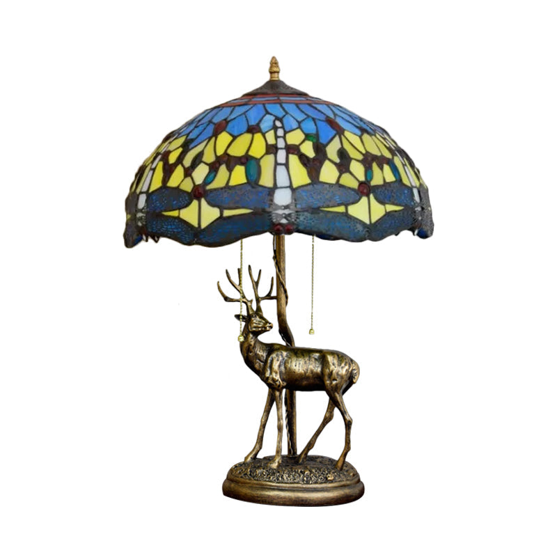 Dragonfly Stained Glass Night Light Mediterranean Style 2-Bulb Table Lamp | Pull Chain & Elk Decor