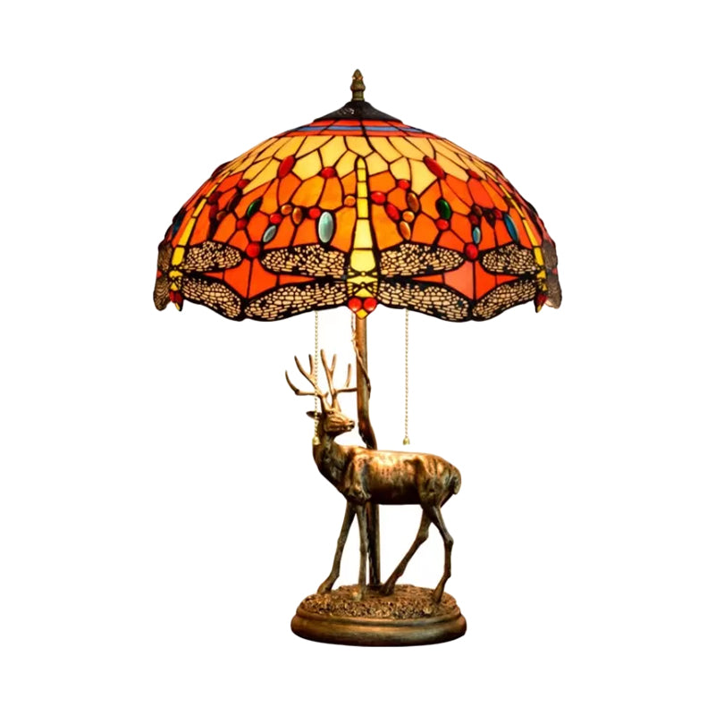 Dragonfly Stained Glass Night Light Mediterranean Style 2-Bulb Table Lamp | Pull Chain & Elk Decor