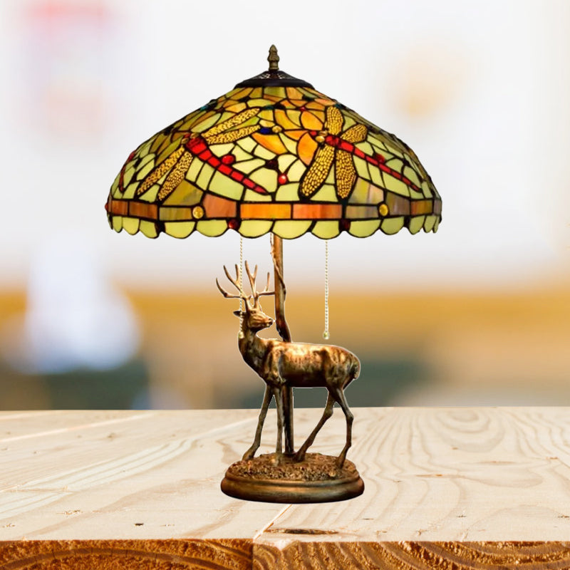 Dragonfly Stained Glass Night Light Mediterranean Style 2-Bulb Table Lamp | Pull Chain & Elk Decor