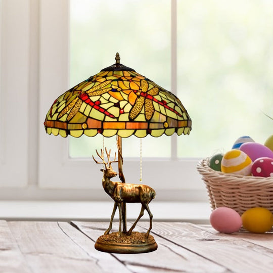 Dragonfly Stained Glass Night Light Mediterranean Style 2-Bulb Table Lamp | Pull Chain & Elk Decor