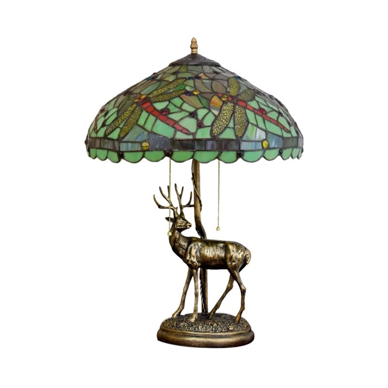 Dragonfly Stained Glass Night Light Mediterranean Style 2-Bulb Table Lamp | Pull Chain & Elk Decor