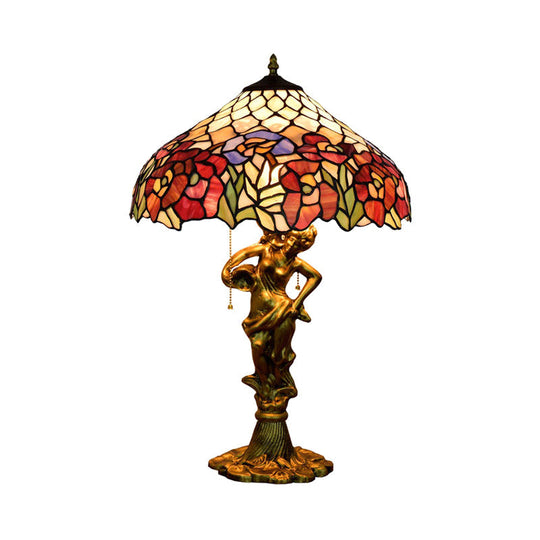 Victorian Stained Glass Table Lamp With Pull Chain - Roseborder Design 3 Heads Bronze Sculpture