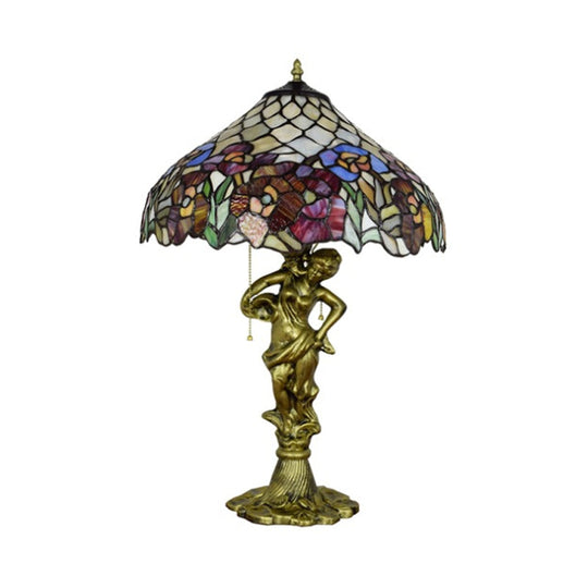 Victorian Stained Glass Table Lamp With Pull Chain - Roseborder Design 3 Heads Bronze Sculpture