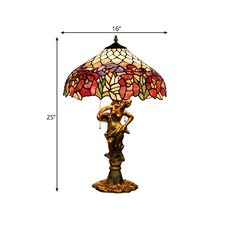 Victorian Stained Glass Table Lamp With Pull Chain - Roseborder Design 3 Heads Bronze Sculpture