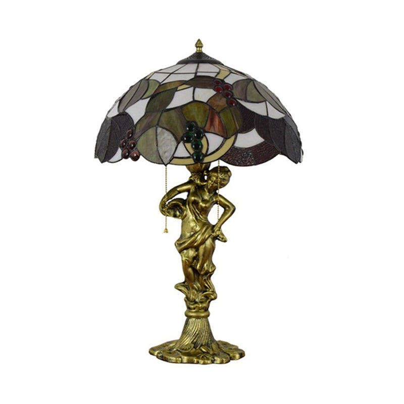 Vintage Resin Woman Carrying Pot Night Lamp With Tiffany Glass Shade - Bronze Table Lighting