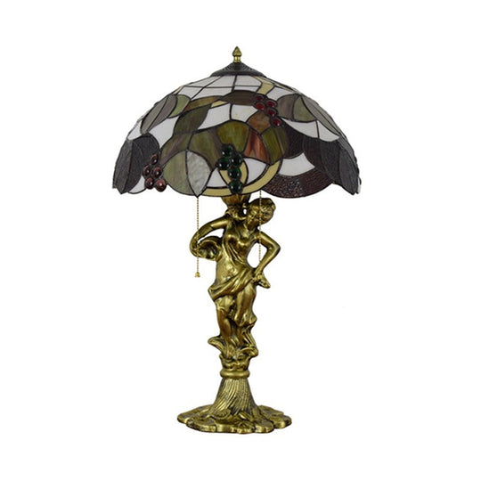 Vintage Resin Woman Carrying Pot Night Lamp With Tiffany Glass Shade - Bronze Table Lighting