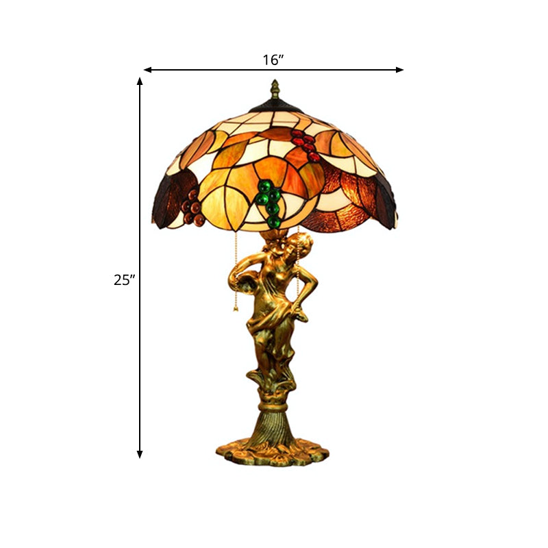 Vintage Resin Woman Carrying Pot Night Lamp With Tiffany Glass Shade - Bronze Table Lighting