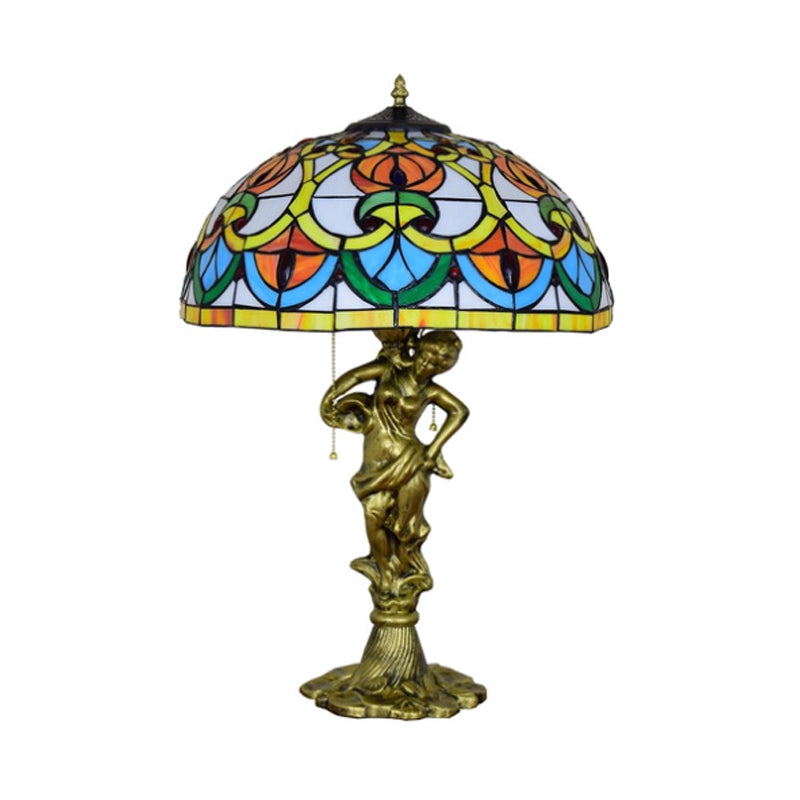 Baroque Stained Glass Table Lamp With Fisher Girl Statue - 3-Bulb Night Stand Light Geometric