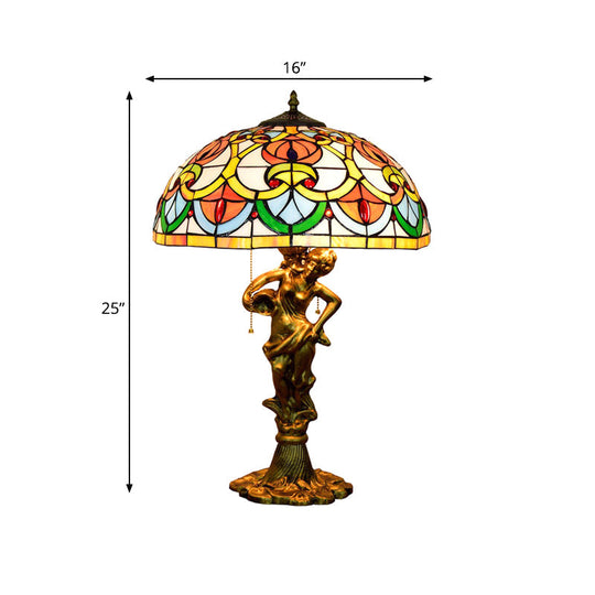 Baroque Stained Glass Table Lamp With Fisher Girl Statue - 3-Bulb Night Stand Light Geometric