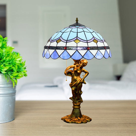 Mediterranean Cone/Dome Pull Chain Night Light With Stunning Glass Table Lighting Blue-White