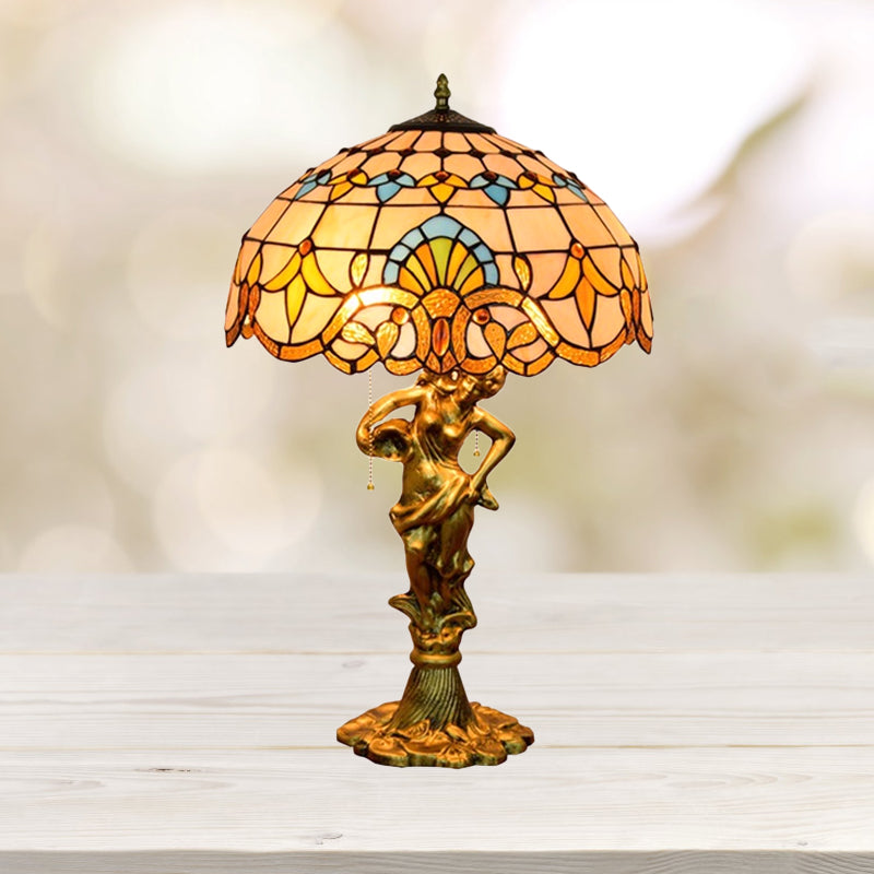 Mediterranean Cone/Dome Pull Chain Night Light With Stunning Glass Table Lighting Beige