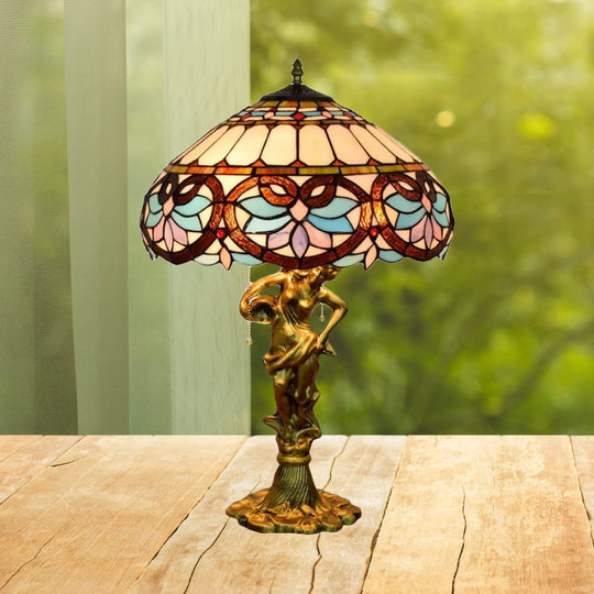 Mediterranean Cone/Dome Pull Chain Night Light With Stunning Glass Table Lighting Blue-Brown