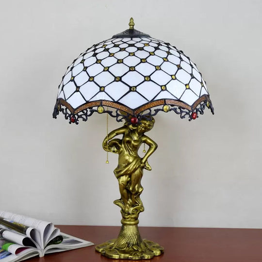 Baroque Blue/White-Brown Glass Parrot Table Lamp With Scalloped-Trim Netting: 3-Light Bronze