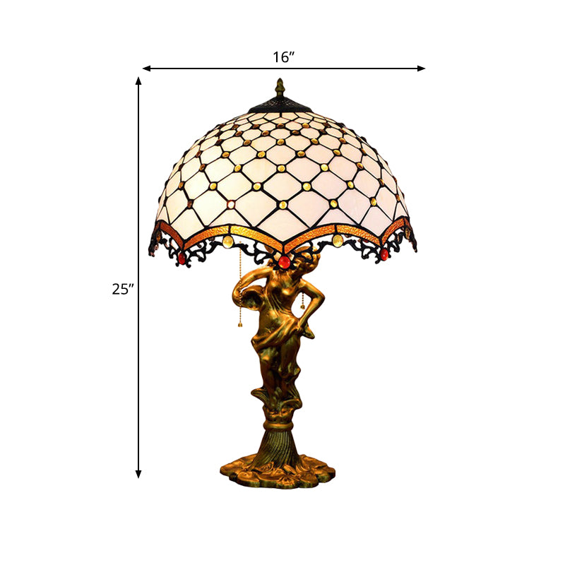 Baroque Blue/White-Brown Glass Parrot Table Lamp With Scalloped-Trim Netting: 3-Light Bronze