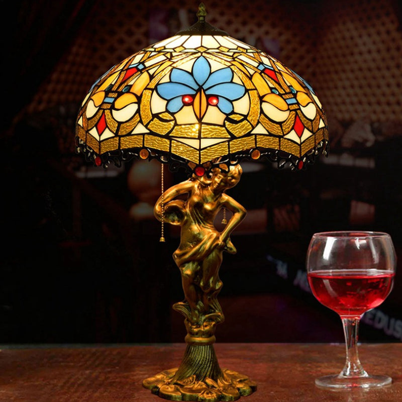 Baroque Blue/White-Brown Glass Parrot Table Lamp With Scalloped-Trim Netting: 3-Light Bronze