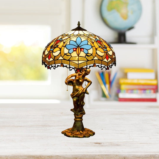 Baroque Blue/White-Brown Glass Parrot Table Lamp With Scalloped-Trim Netting: 3-Light Bronze