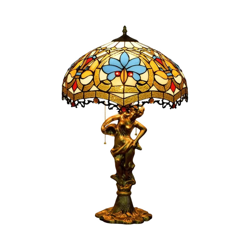 Baroque Blue/White-Brown Glass Parrot Table Lamp With Scalloped-Trim Netting: 3-Light Bronze