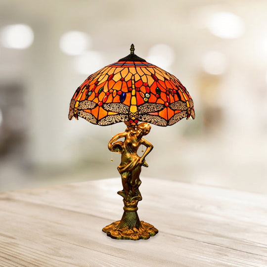 Dragonfly Tiffany Nightstand Lamp - 3-Light Glass Table Light In Yellow/Orange/Blue With Pull Chain