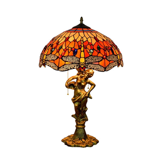 Dragonfly Tiffany Nightstand Lamp - 3-Light Glass Table Light In Yellow/Orange/Blue With Pull Chain