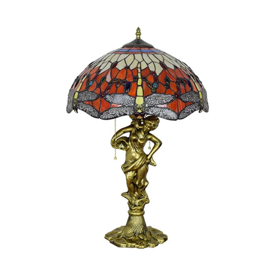 Dragonfly Tiffany Nightstand Lamp - 3-Light Glass Table Light In Yellow/Orange/Blue With Pull Chain