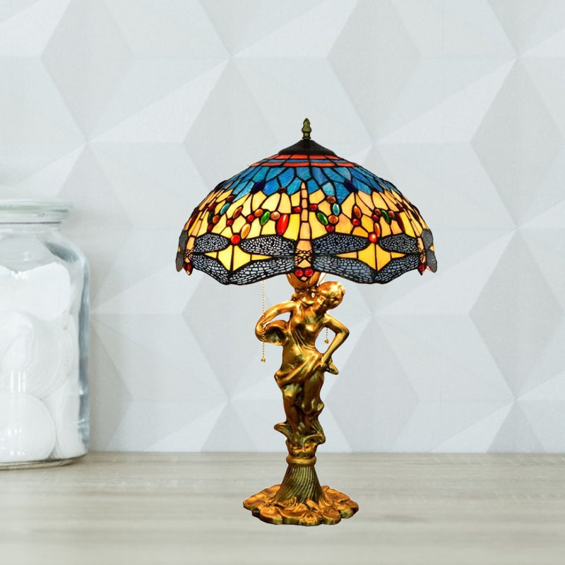 Dragonfly Tiffany Nightstand Lamp - 3-Light Glass Table Light In Yellow/Orange/Blue With Pull Chain