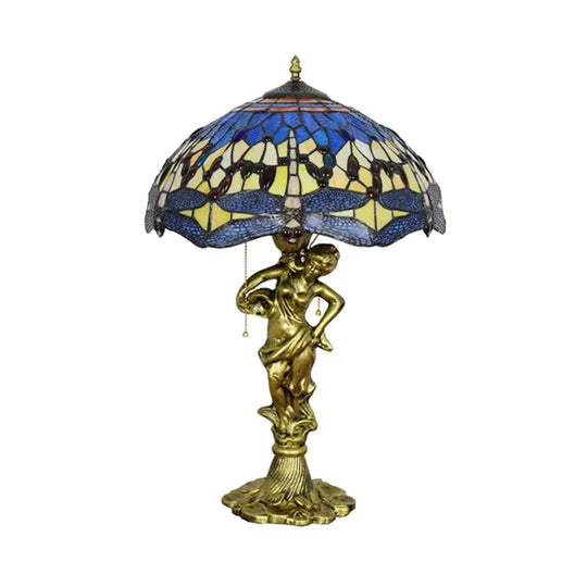 Dragonfly Tiffany Nightstand Lamp - 3-Light Glass Table Light In Yellow/Orange/Blue With Pull Chain