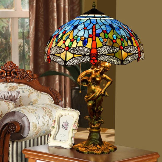 Dragonfly Tiffany Nightstand Lamp - 3-Light Glass Table Light In Yellow/Orange/Blue With Pull Chain