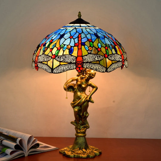 Dragonfly Tiffany Nightstand Lamp - 3-Light Glass Table Light In Yellow/Orange/Blue With Pull Chain