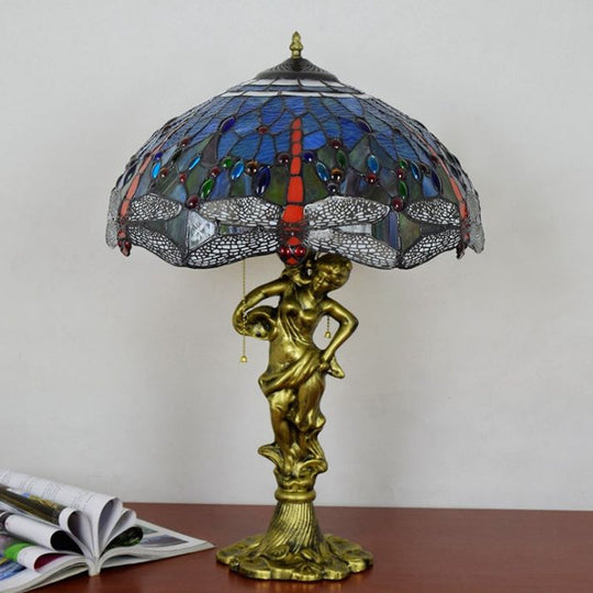 Dragonfly Tiffany Nightstand Lamp - 3-Light Glass Table Light In Yellow/Orange/Blue With Pull Chain