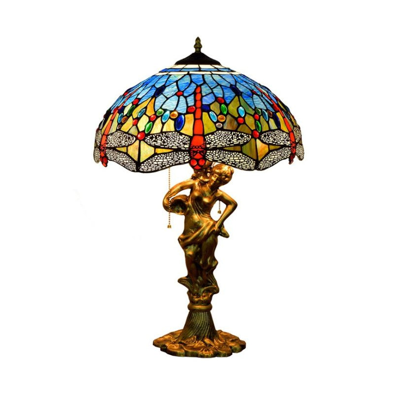 Dragonfly Tiffany Nightstand Lamp - 3-Light Glass Table Light In Yellow/Orange/Blue With Pull Chain