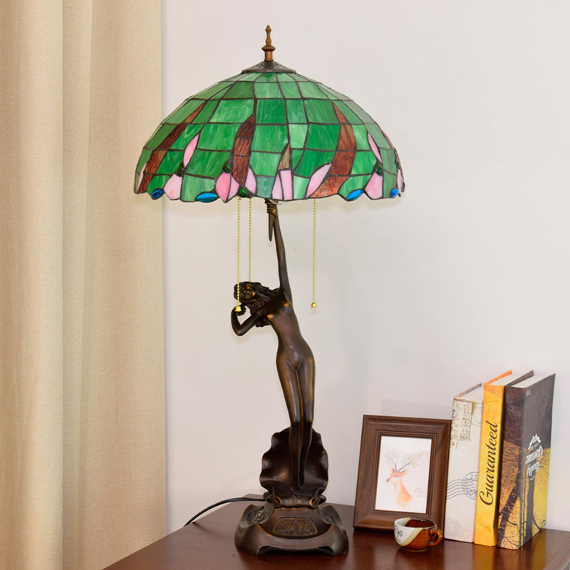 Green Glass Coffee Dancer Nightstand Resin Table Light With Tiffany Shade & Pull-Chain - 3 Bulb