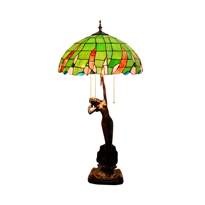 Green Glass Coffee Dancer Nightstand Resin Table Light With Tiffany Shade & Pull-Chain - 3 Bulb