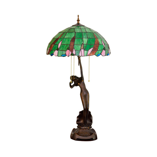 Green Glass Coffee Dancer Nightstand Resin Table Light With Tiffany Shade & Pull-Chain - 3 Bulb