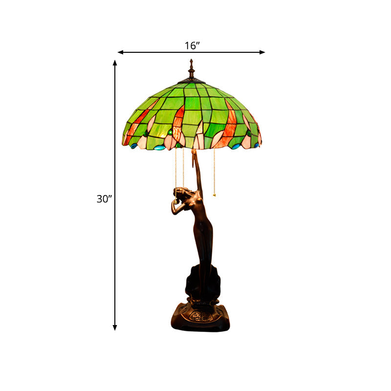 Green Glass Coffee Dancer Nightstand Resin Table Light With Tiffany Shade & Pull-Chain - 3 Bulb