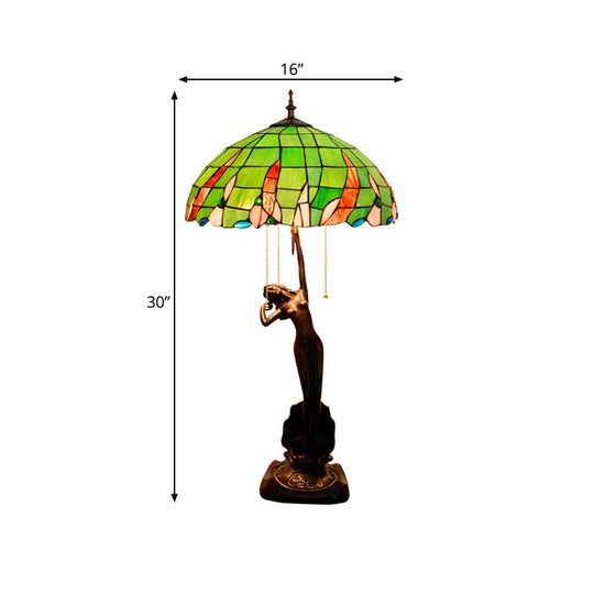 Green Glass Coffee Dancer Nightstand Resin Table Light With Tiffany Shade & Pull-Chain - 3 Bulb