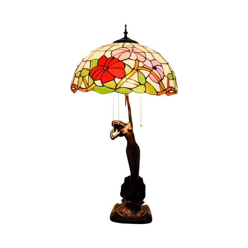 Tiffany-Style Stained Glass Table Lamp: Red/Orange Pull-Chain Nightstand Light With Flowering Design