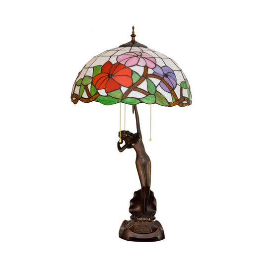 Tiffany-Style Stained Glass Table Lamp: Red/Orange Pull-Chain Nightstand Light With Flowering Design