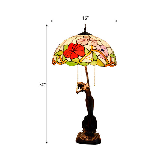 Tiffany-Style Stained Glass Table Lamp: Red/Orange Pull-Chain Nightstand Light With Flowering Design