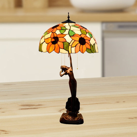 Tiffany-Style Stained Glass Table Lamp: Red/Orange Pull-Chain Nightstand Light With Flowering Design