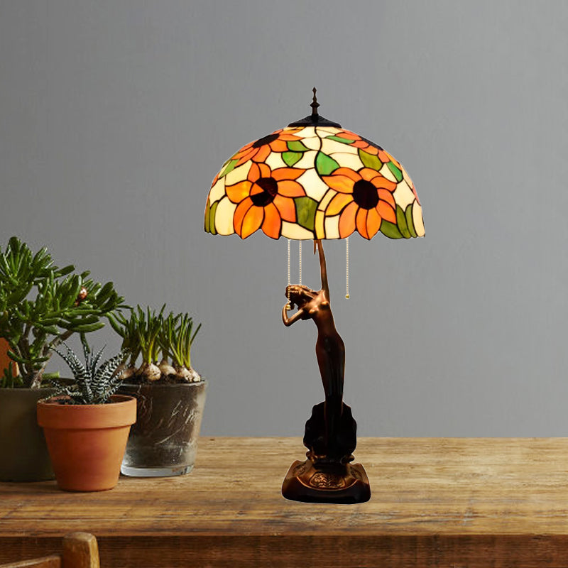 Tiffany-Style Stained Glass Table Lamp: Red/Orange Pull-Chain Nightstand Light With Flowering Design