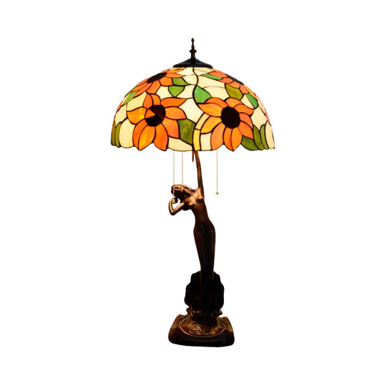 Tiffany-Style Stained Glass Table Lamp: Red/Orange Pull-Chain Nightstand Light With Flowering Design