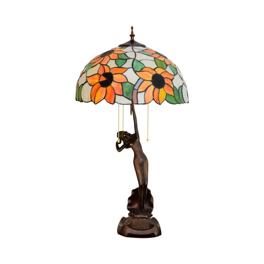 Tiffany-Style Stained Glass Table Lamp: Red/Orange Pull-Chain Nightstand Light With Flowering Design